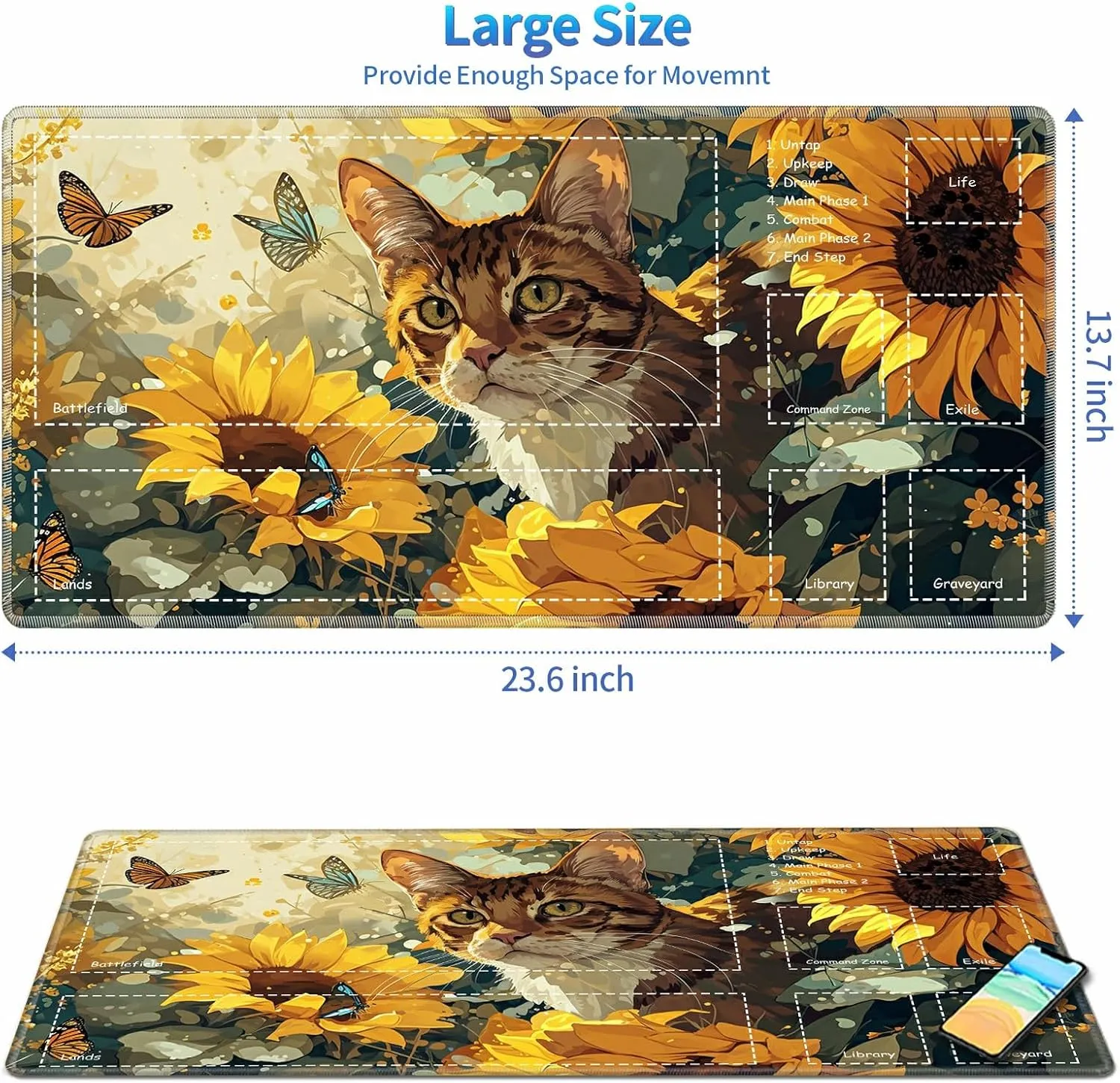Playmat for MTG with Zones, 24 x 14 inches Game Play Mat for MTG TCG, Trading Card Game Play Mat Desk Mats with Stitched Edges Non-Slip Base, Sunflower Cat