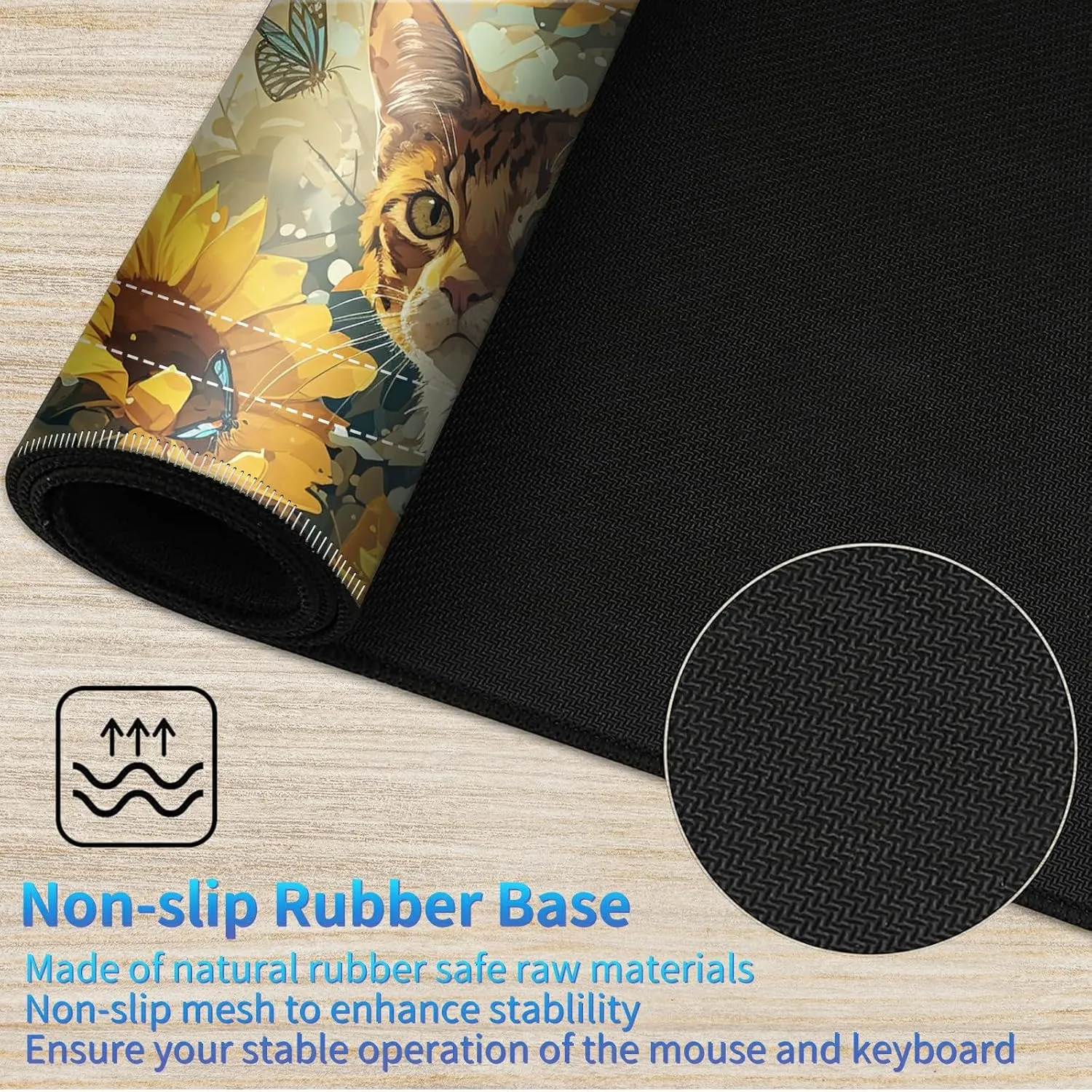 Playmat for MTG with Zones, 24 x 14 inches Game Play Mat for MTG TCG, Trading Card Game Play Mat Desk Mats with Stitched Edges Non-Slip Base, Sunflower Cat