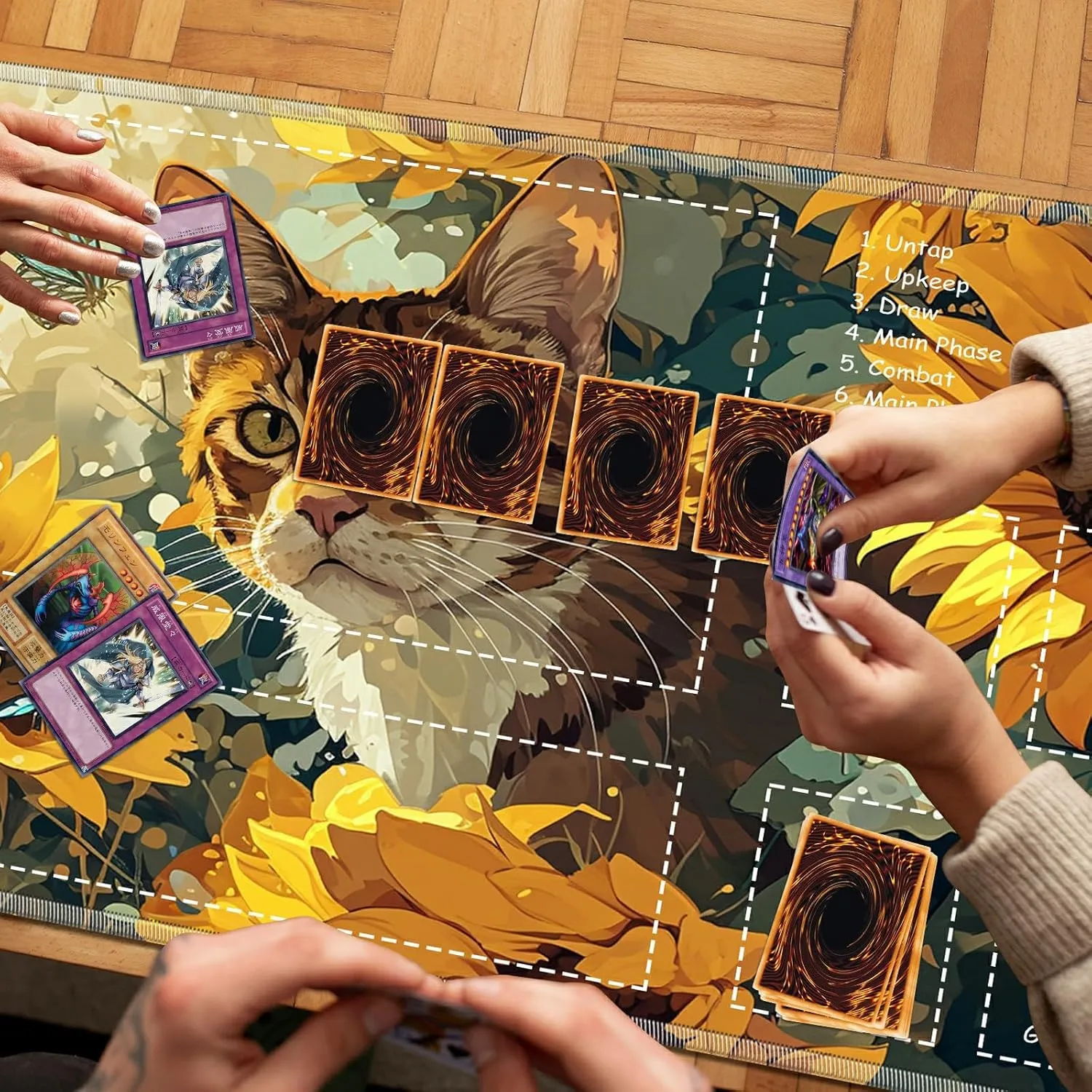 Playmat for MTG with Zones, 24 x 14 inches Game Play Mat for MTG TCG, Trading Card Game Play Mat Desk Mats with Stitched Edges Non-Slip Base, Sunflower Cat