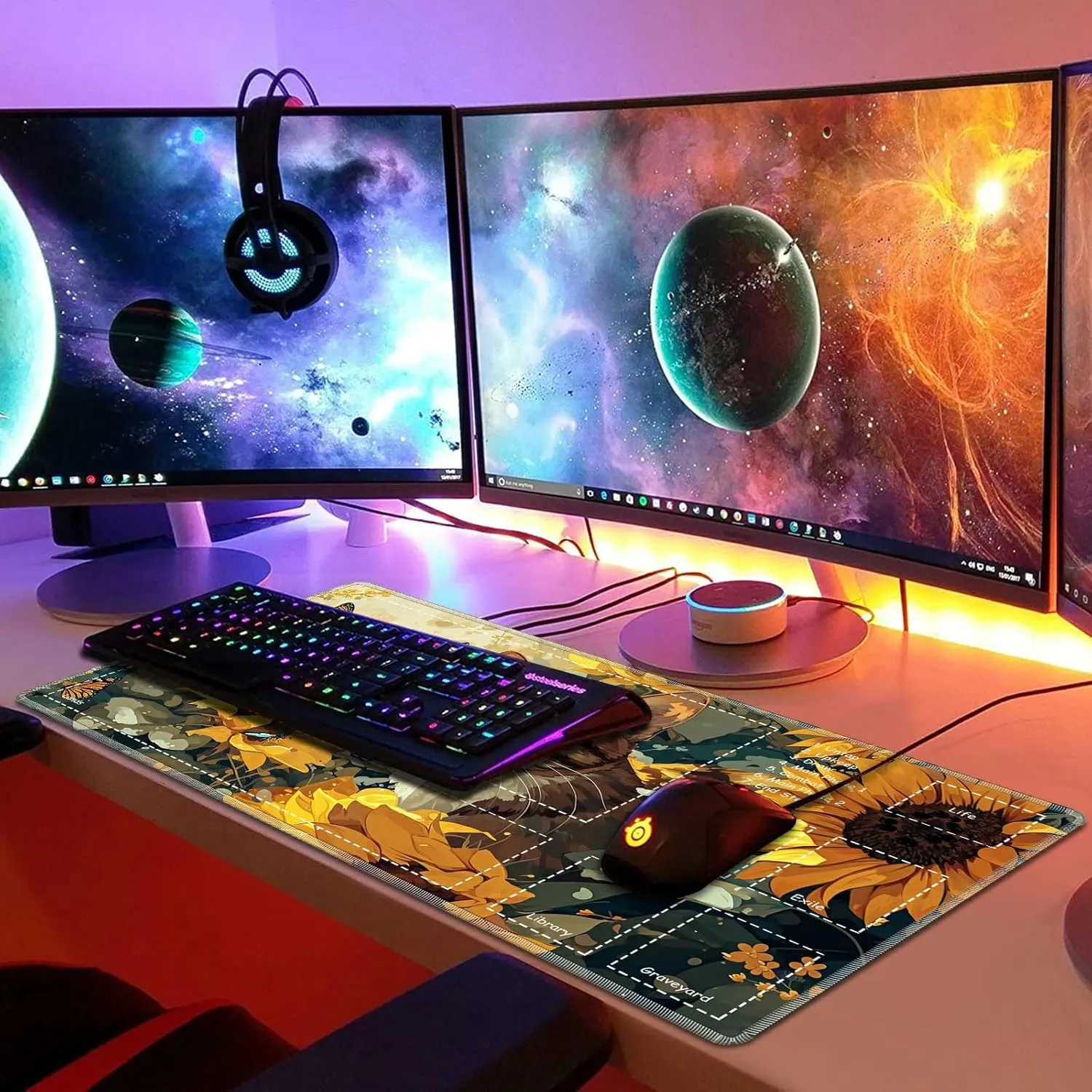 Playmat for MTG with Zones, 24 x 14 inches Game Play Mat for MTG TCG, Trading Card Game Play Mat Desk Mats with Stitched Edges Non-Slip Base, Sunflower Cat