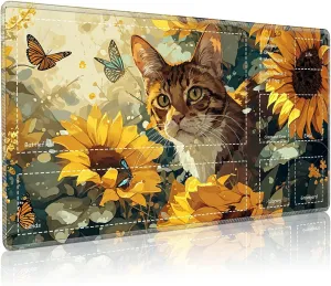 Playmat for MTG with Zones, 24 x 14 inches Game Play Mat for MTG TCG, Trading Card Game Play Mat Desk Mats with Stitched Edges Non-Slip Base, Sunflower Cat
