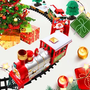 POCO DIVO Christmas Tree Music Train Set, Xmas Sounds Light Locomotive, 22pcs Electric Engine Railway Track Playset, Kids Gifts Express Cargo Toy Rail, Snowman Carriage Santa Clause Sleigh