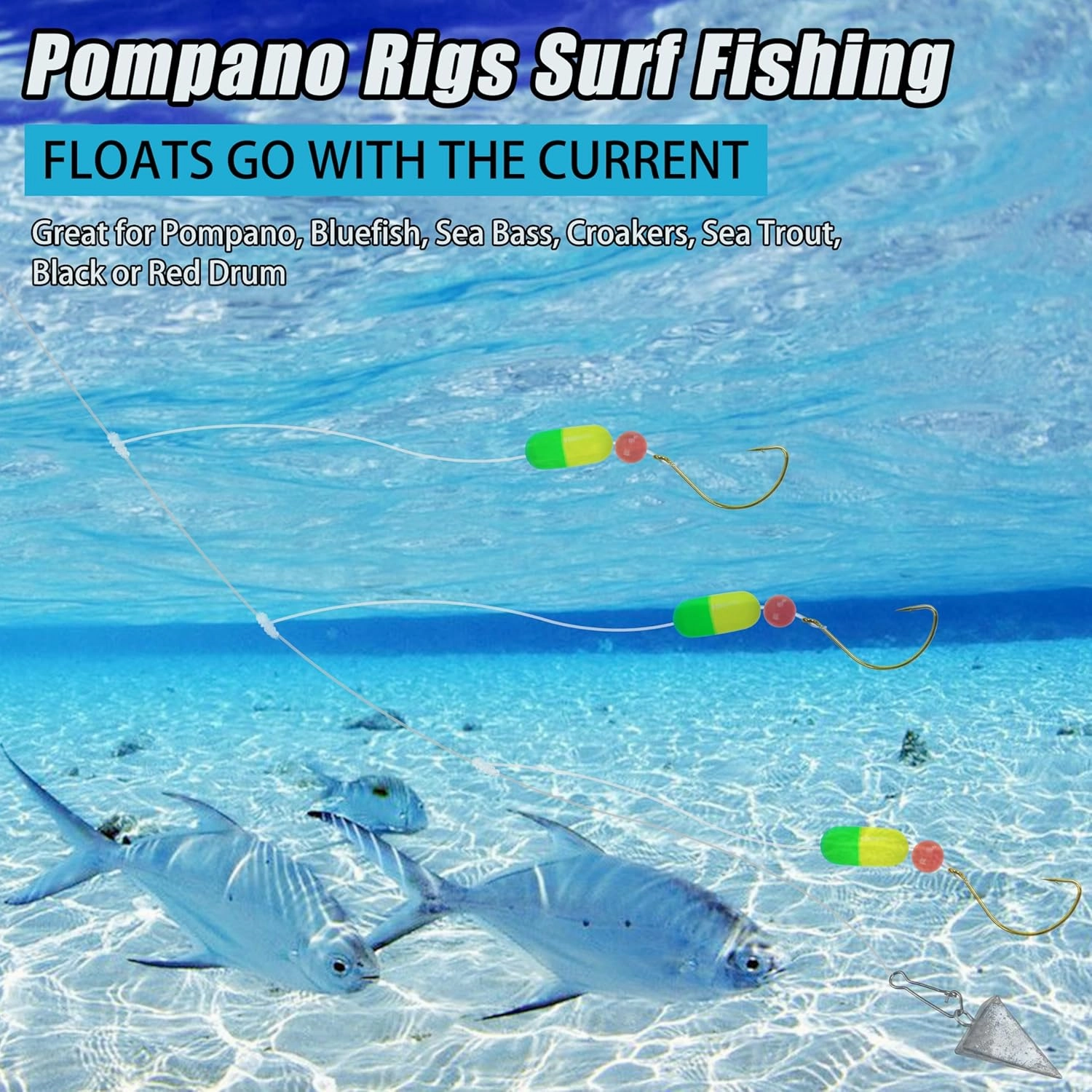 Pompano Rigs Surf Fishing Rigs Saltwater Triple Drop Pompano Rigs for Surf Fishing, Snell Floats Fishing Swivels Circle Hooks Pre-Rigged Fishing Rigs Tackle for Beach Offshore Surf Fishing 6/12pcs