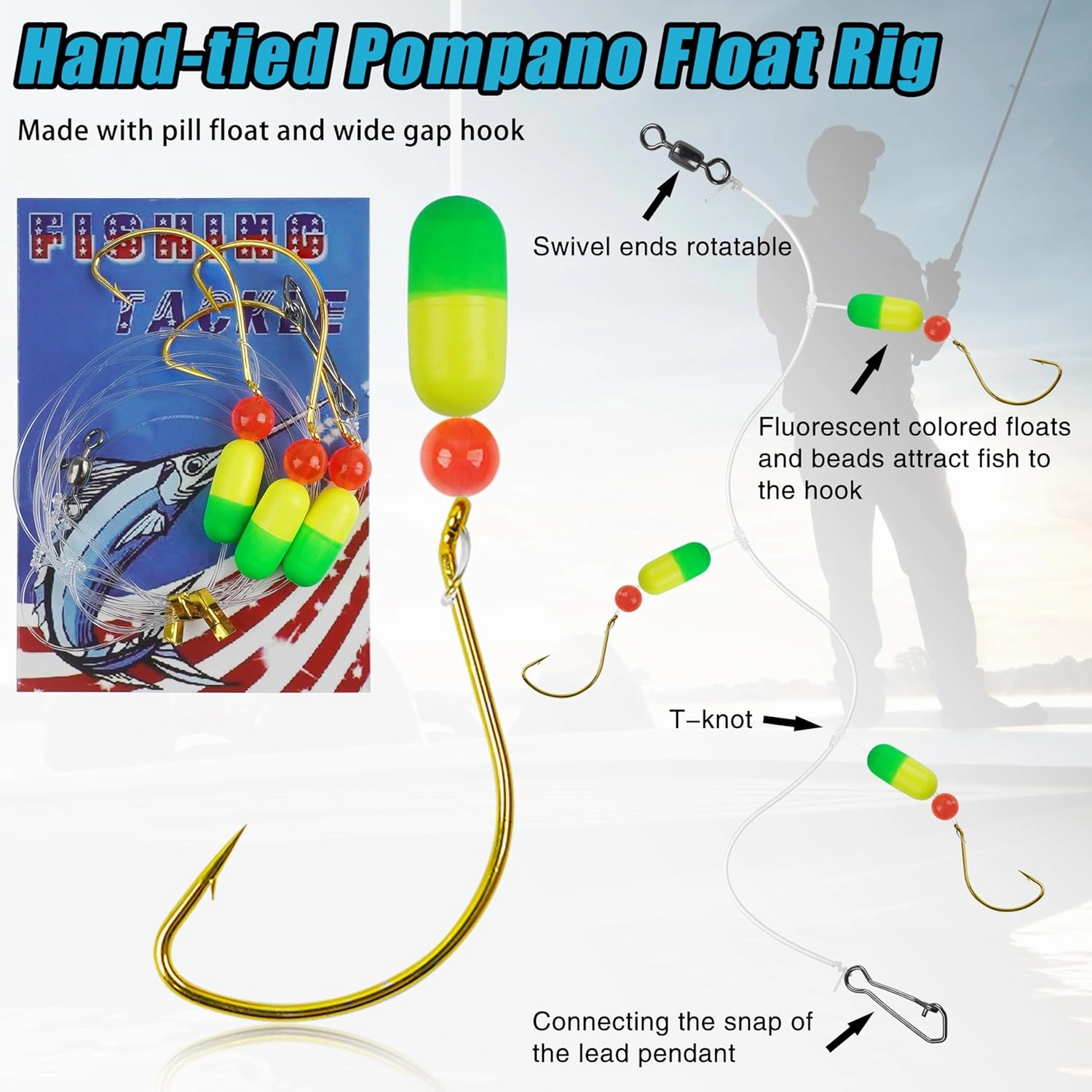 Pompano Rigs Surf Fishing Rigs Saltwater Triple Drop Pompano Rigs for Surf Fishing, Snell Floats Fishing Swivels Circle Hooks Pre-Rigged Fishing Rigs Tackle for Beach Offshore Surf Fishing 6/12pcs