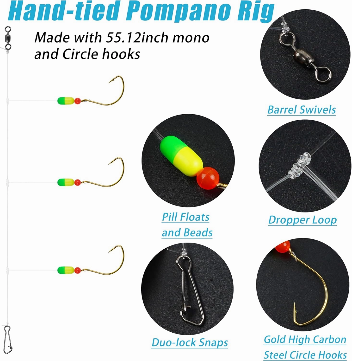 Pompano Rigs Surf Fishing Rigs Saltwater Triple Drop Pompano Rigs for Surf Fishing, Snell Floats Fishing Swivels Circle Hooks Pre-Rigged Fishing Rigs Tackle for Beach Offshore Surf Fishing 6/12pcs