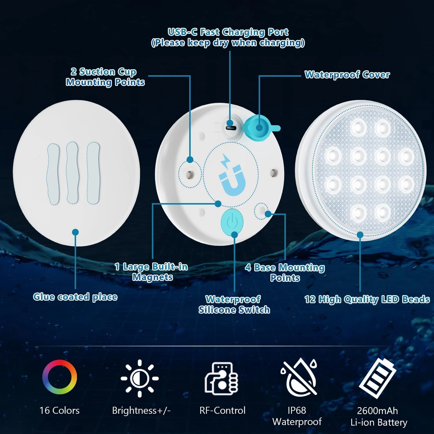 Pool Lights, Upgraded Rechargeable Submersible LED Lights with Remote, IP68 Waterproof 16 Color Floating Light with Magnet, Pool Light for Above Ground Inground Pools,Hot Tub, Bath 4 Pack
