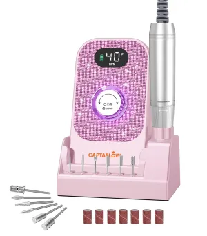 Portable Electric Nail Drill File: 40000RPM Professional Nail Drill with Bits & Base, Pink Diamond Rechargeable Nail E File Machine for Remover Gel Nail Polish Acrylic Nails Manicure for Salon Home