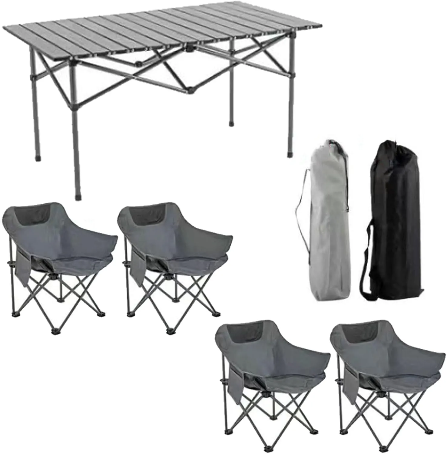 Portable Foldable Camping Table with Chair Set, Aluminum Roll-up Top Picnic Lightweight Furniture Set for BBQ Garden Hiking Fishing