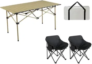 Portable Lightweight Folding Camping Table & Chairs Set Carbon Steel Roll up Top Picnic Table for Outdoor BBQ Garden Hiking Fishing Compact and Durable