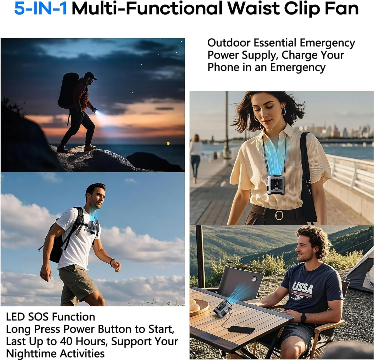 Portable Waist Clip Fan, Upgraded 10000mAh Rechargeable Battery Wearable Belt Personal Fan, 16000RPM Powerful 5 Speeds Shirt with Flashlight Neck Hands-Free 40H Cooling (Gray)