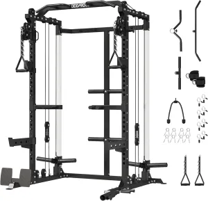 Power Cage, Power Rack with Dual Pulley System, Multi-Function Squat Rack with Cable Crossover, Home Gym Workout Machine