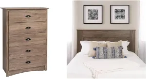 Prepac 5-Drawer Dresser and Queen Headboard Bedroom Set, Drifted Gray