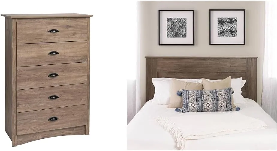 Prepac 5-Drawer Dresser and Queen Headboard Bedroom Set, Drifted Gray