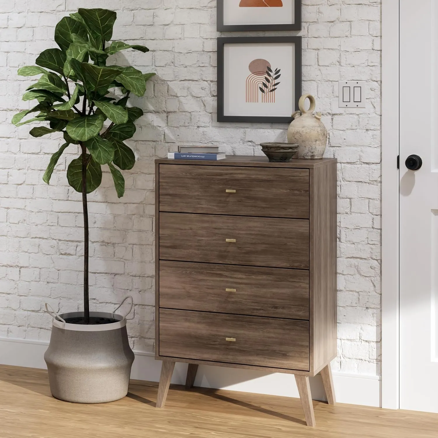 Prepac Milo Mid-Century Modern 4 Drawer Chest of Drawers, Contemporary Bedroom Furniture, Small Dresser for Bedroom, 18.25"D x 26.5"W x 41"H, Drifted Gray