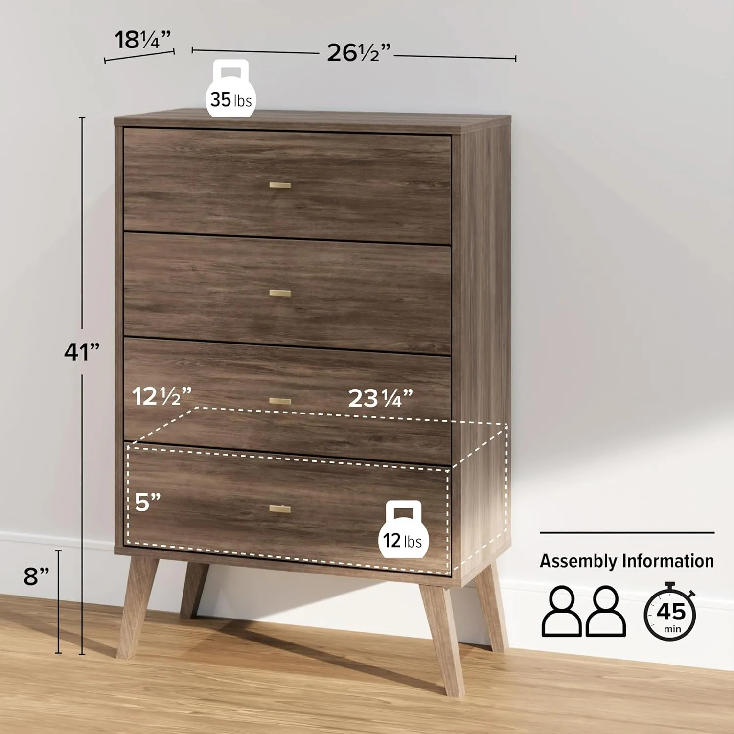 Prepac Milo Mid-Century Modern 4 Drawer Chest of Drawers, Contemporary Bedroom Furniture, Small Dresser for Bedroom, 18.25"D x 26.5"W x 41"H, Drifted Gray