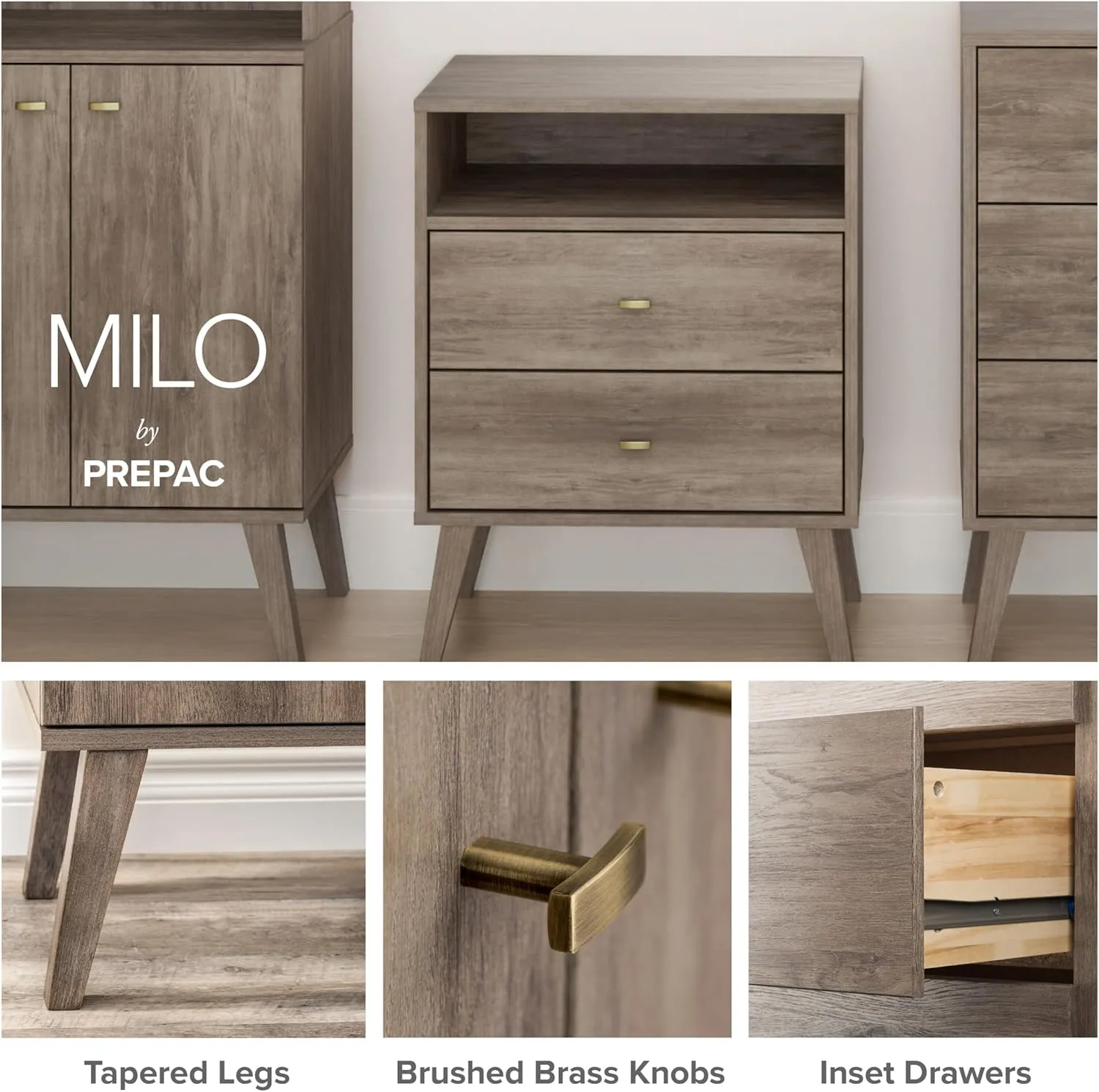 Prepac Milo Mid-Century Modern 4 Drawer Chest of Drawers, Contemporary Bedroom Furniture, Small Dresser for Bedroom, 18.25"D x 26.5"W x 41"H, Drifted Gray