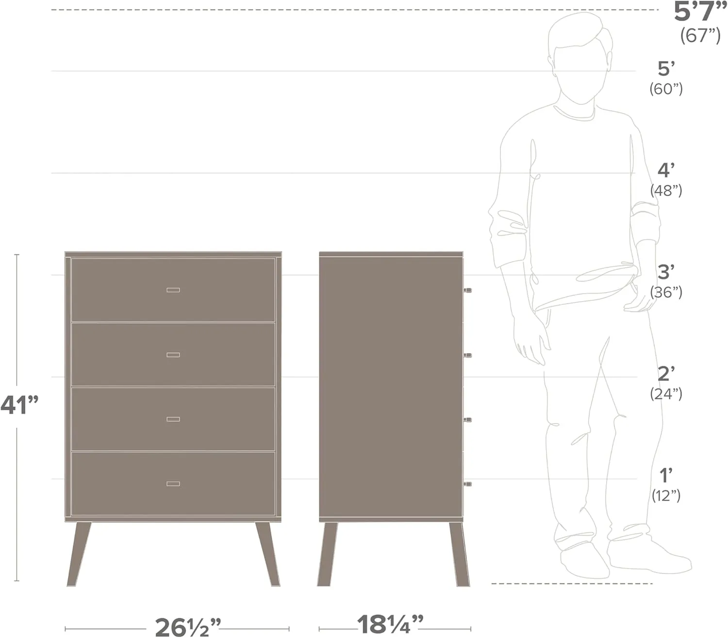 Prepac Milo Mid-Century Modern 4 Drawer Chest of Drawers, Contemporary Bedroom Furniture, Small Dresser for Bedroom, 18.25"D x 26.5"W x 41"H, Drifted Gray