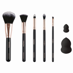 Profusion Cosmetics Studio Brush Vault 5 PC Professional Brush Set – Powder, Foundation, Smudger, Blending & Angled Brow Brush with 2 PC Blending Sponge for Flawless Makeup Application