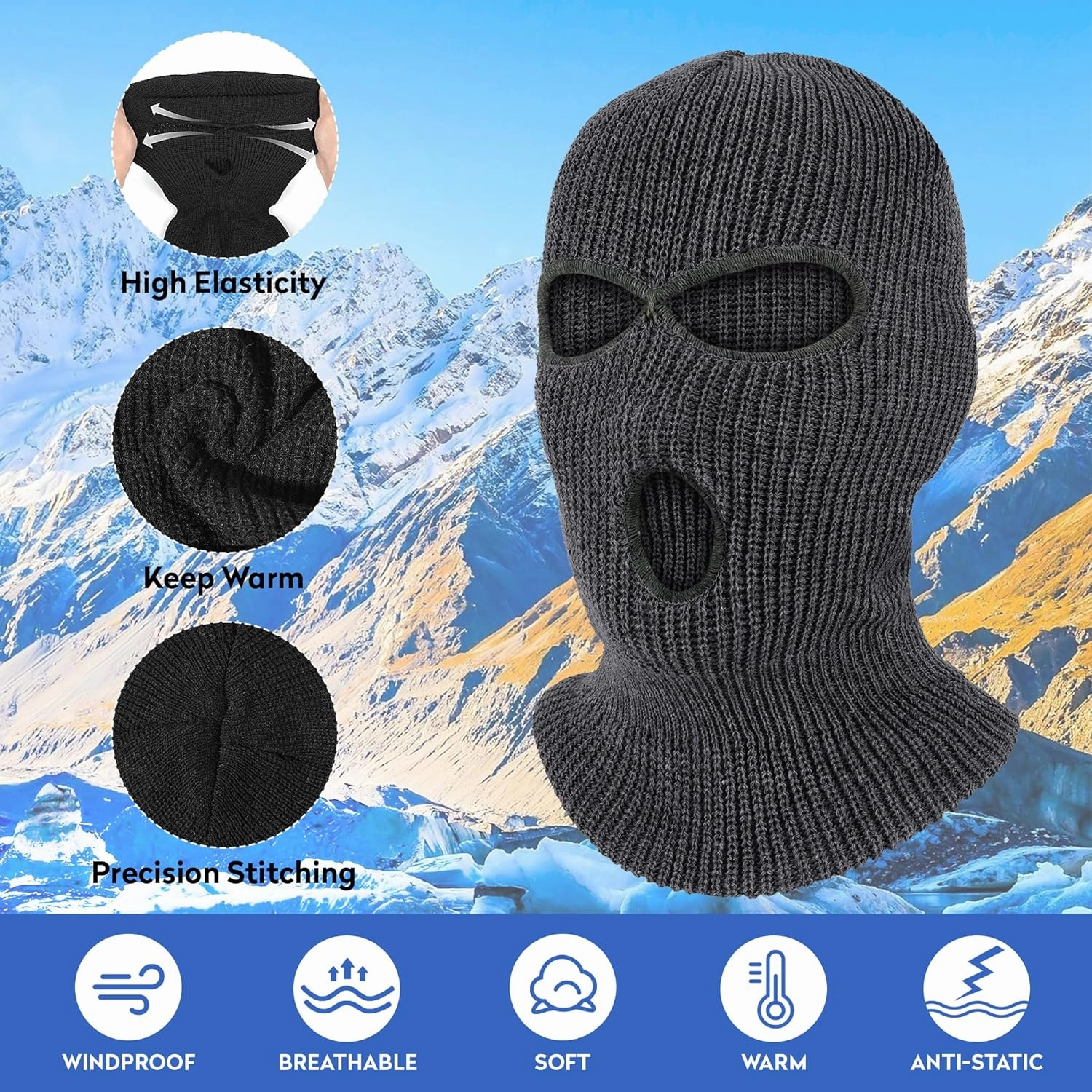 Pukavt 3 Hole Winter Knitted Mask, Full Face Cover Ski Mask Warm Balaclava for Skiing, Motorcycle, Snowboard
