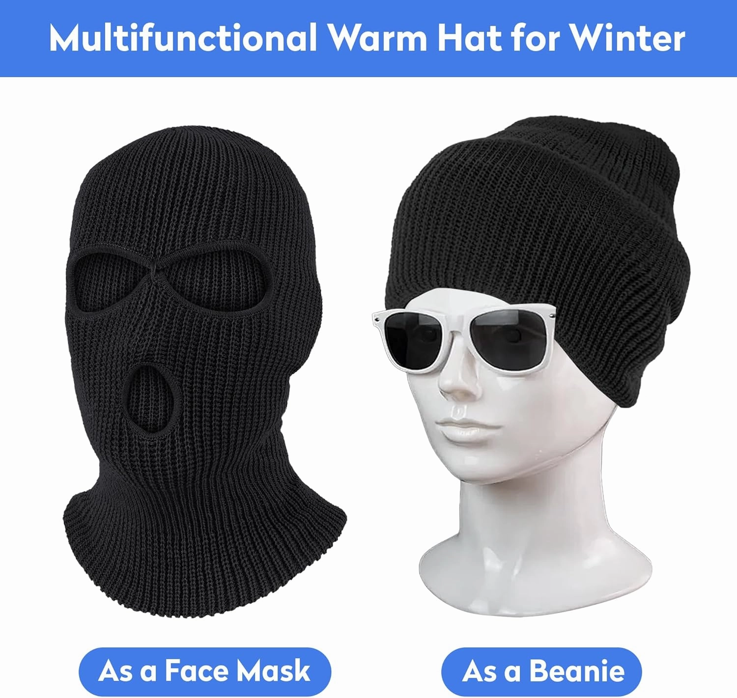 Pukavt 3 Hole Winter Knitted Mask, Full Face Cover Ski Mask Warm Balaclava for Skiing, Motorcycle, Snowboard