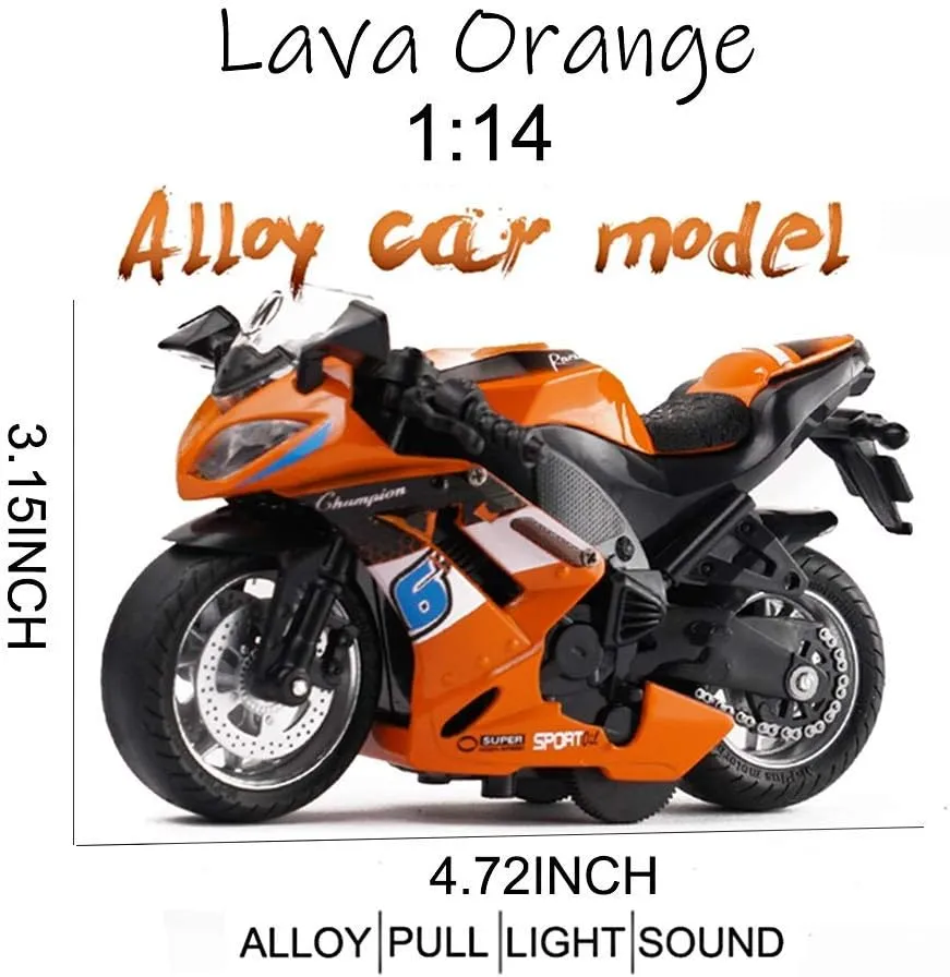 Pull Back Motorcycle Toys, Tiny Gift with Music Lighting, Race Motorcycles Toy for Boys Kids Age 3 4 5 6 7 8 Year Old (Orange)