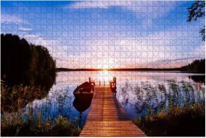 Puzzles 1000 Wooden pier Fishing Boat at Sunset a Lake Finland - Educational Intellectual Jigsaw Puzzles Puzzle Fun Game for Men Women Kids