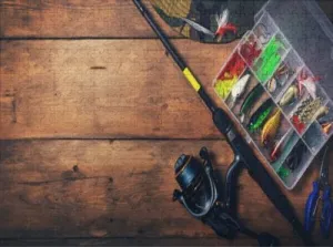 Puzzles for Adults 1000 Pieces Fishing Tackle Spinning Rod Box Lures and Equipment Wooden Copy Space - Educational Intellectual Jigsaw Puzzles Puzzle Fun Game for Men Women Kids