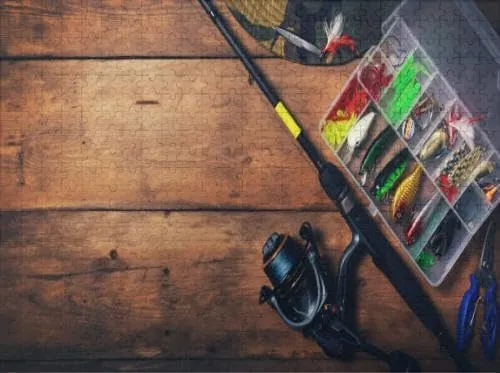 Puzzles for Adults 1000 Pieces Fishing Tackle Spinning Rod Box Lures and Equipment Wooden Copy Space - Educational Intellectual Jigsaw Puzzles Puzzle Fun Game for Men Women Kids