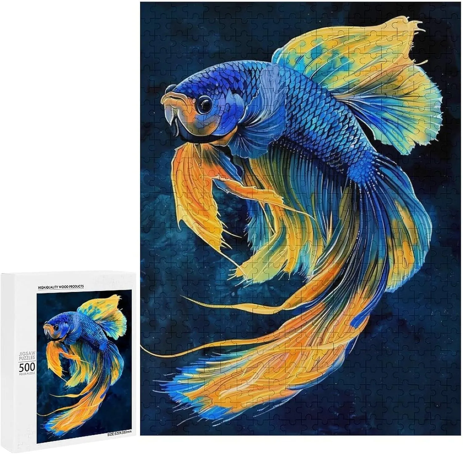 Puzzles for Adults 500 Pieces - Blue and Yellow Betta Fish Funny Fish Perfect Interlocking Clear Printing - Adults Educational Puzzle Ideal Gift - Display as Artwork Idea!