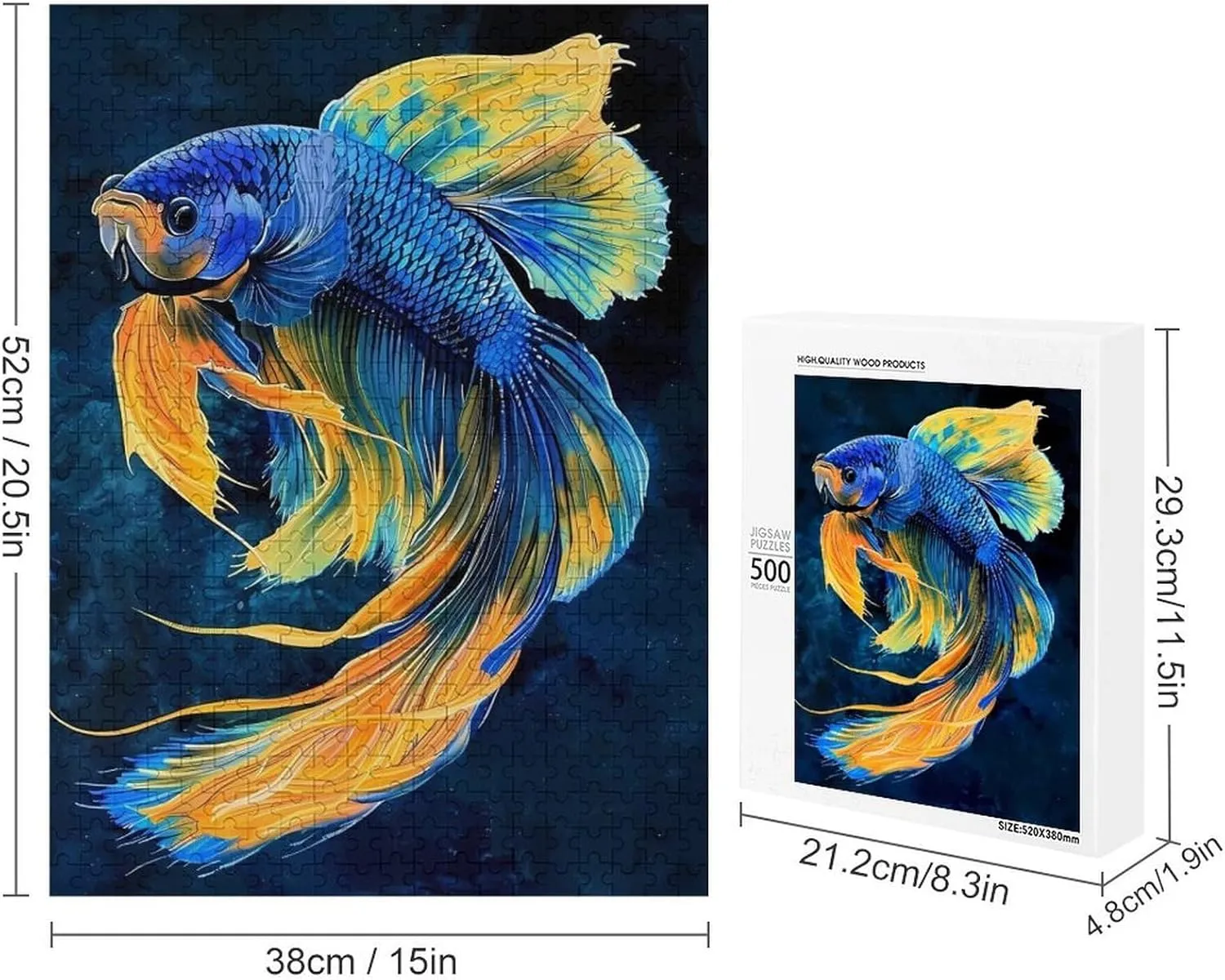 Puzzles for Adults 500 Pieces - Blue and Yellow Betta Fish Funny Fish Perfect Interlocking Clear Printing - Adults Educational Puzzle Ideal Gift - Display as Artwork Idea!