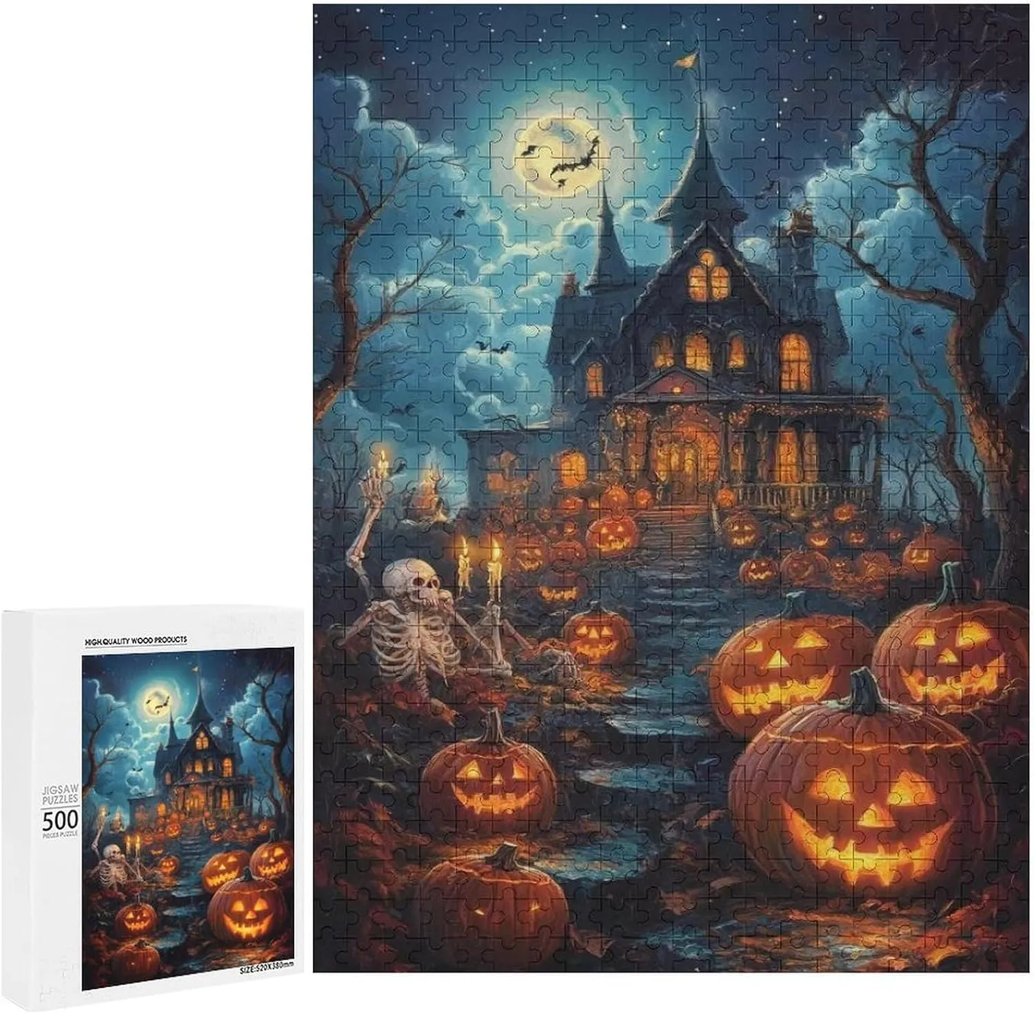 Puzzles for Adults 500 Pieces - Moon Night Skull and Jack O ' Lantern Puzzle Challenging Educational Toys Puzzles Reduced Pressure Gift