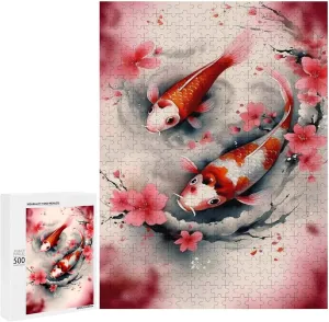 Puzzles for Adults 500 Pieces - Red and White Carp and Peach Blossoms Koi Fish Funny Puzzles Poster Family Reunion Puzzle, Toys for Boys and Girl