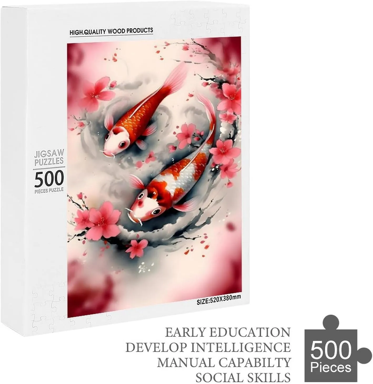 Puzzles for Adults 500 Pieces - Red and White Carp and Peach Blossoms Koi Fish Funny Puzzles Poster Family Reunion Puzzle, Toys for Boys and Girl