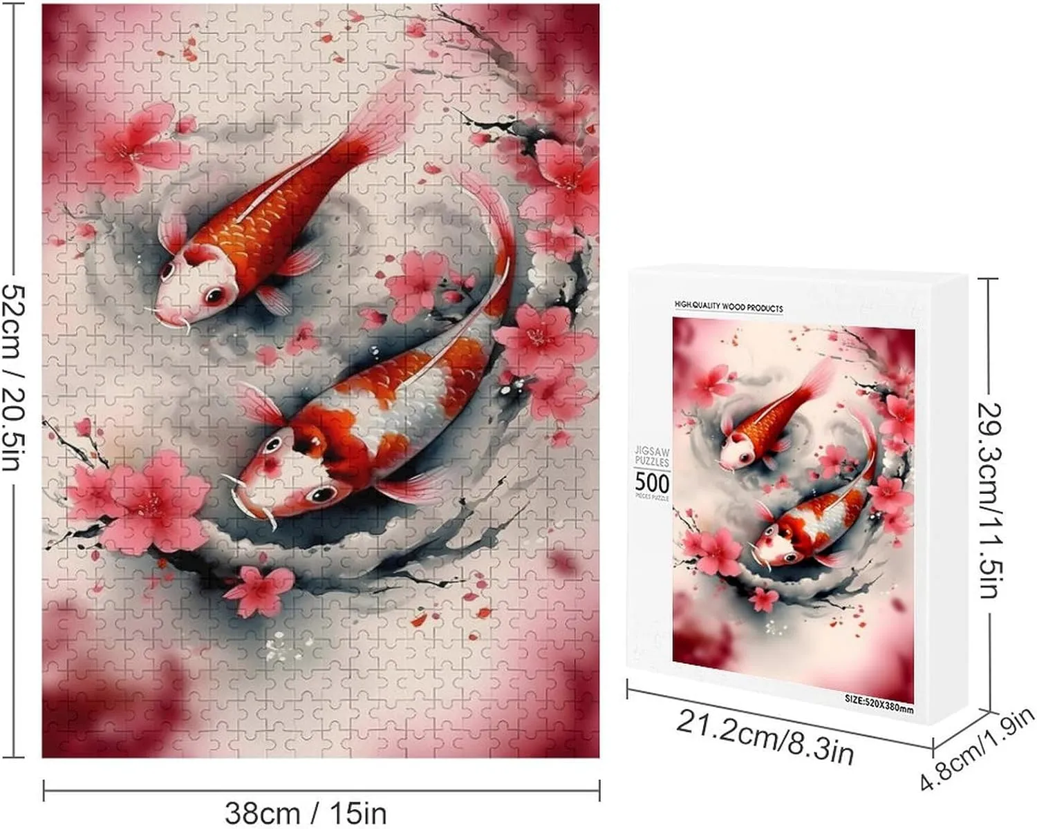 Puzzles for Adults 500 Pieces - Red and White Carp and Peach Blossoms Koi Fish Funny Puzzles Poster Family Reunion Puzzle, Toys for Boys and Girl