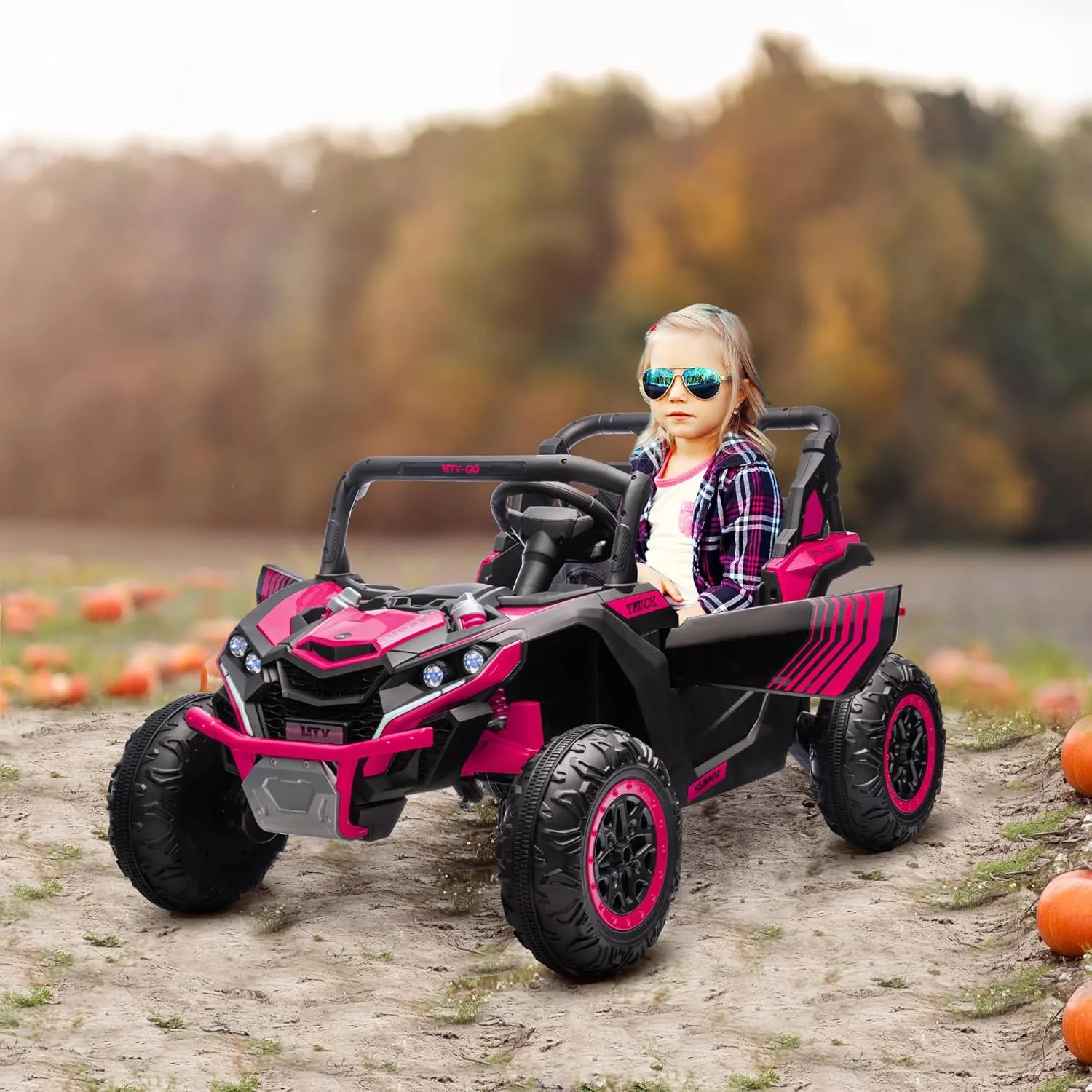 Qaba 2 Seater Ride on UTV, 24V 7AH Kids Electric Car with 4 Shock Absorbers, Music Horn and LED Lights, Ride on Battery Powered Toy for Toddlers 3-8 Years, Pink