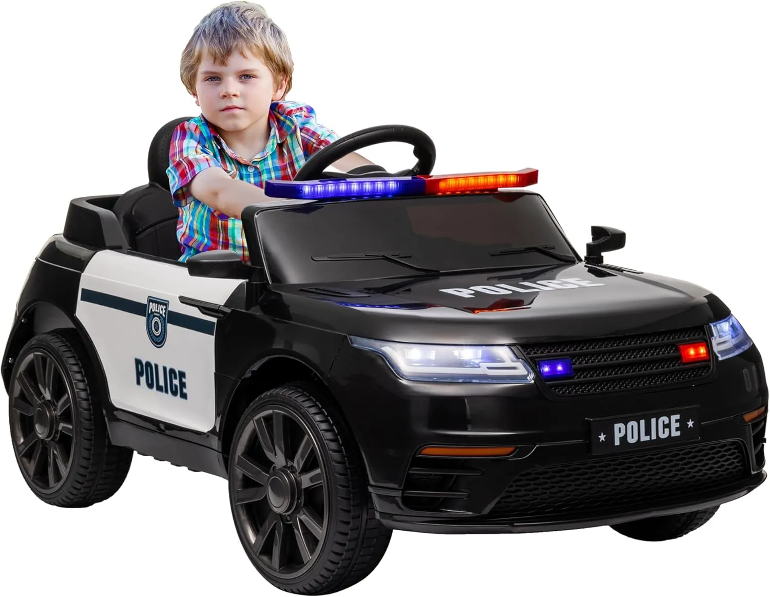 Qaba Kids Ride on Police Car, 12V 7AH Battery Powerd Electric Car with Big Battery, Remote Control, 4 Spring Suspension Wheels, Siren, Music, Light, Horn, Auxiliary Wheel, Black