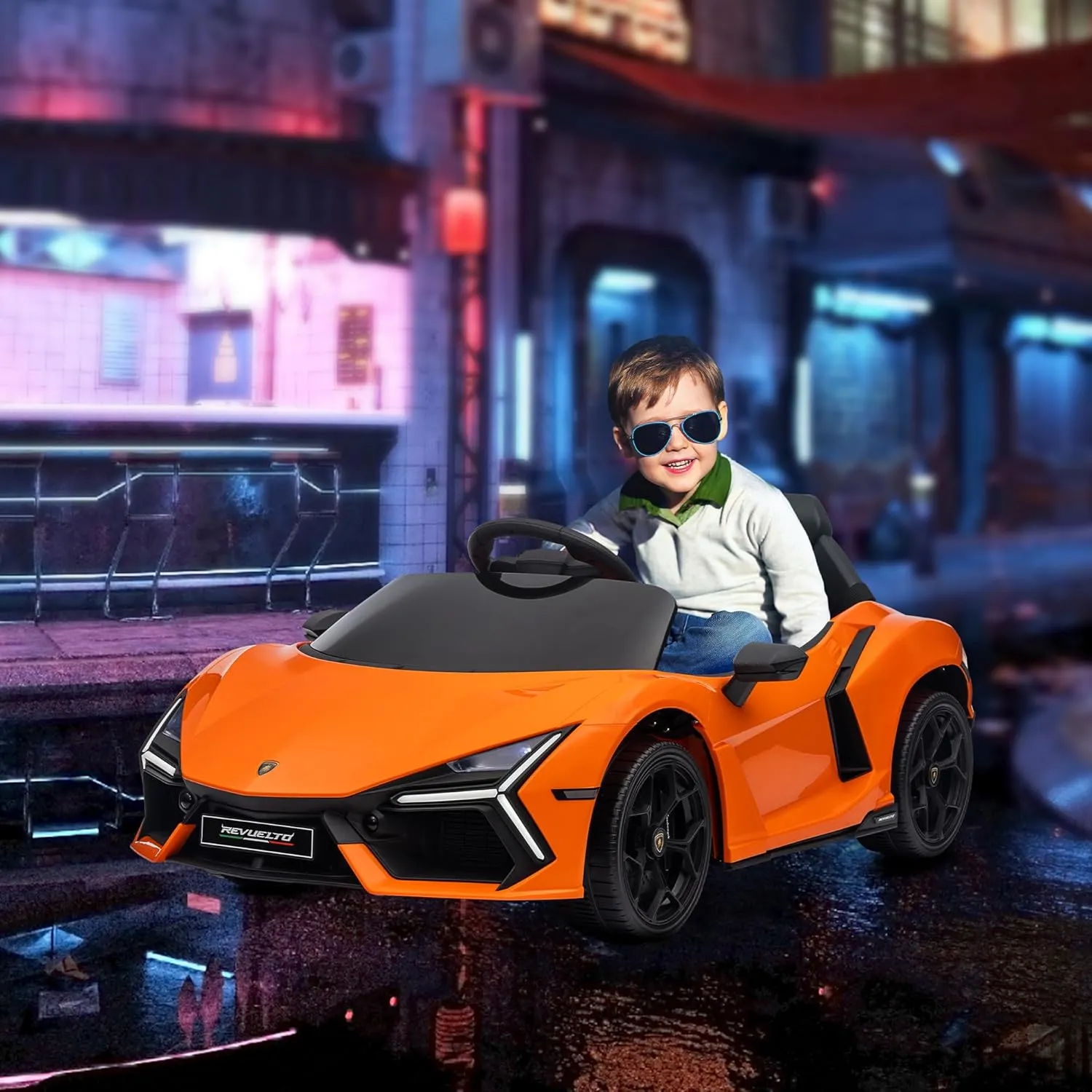 Qaba Lamborghini Revuelto Licensed 12V Kids Electric Car, Battery Powered Ride on Car with Hydraulic Doors, Remote Control, Transport Wheels, Spring Suspension, Music, Lights, 3 Speeds, Orange