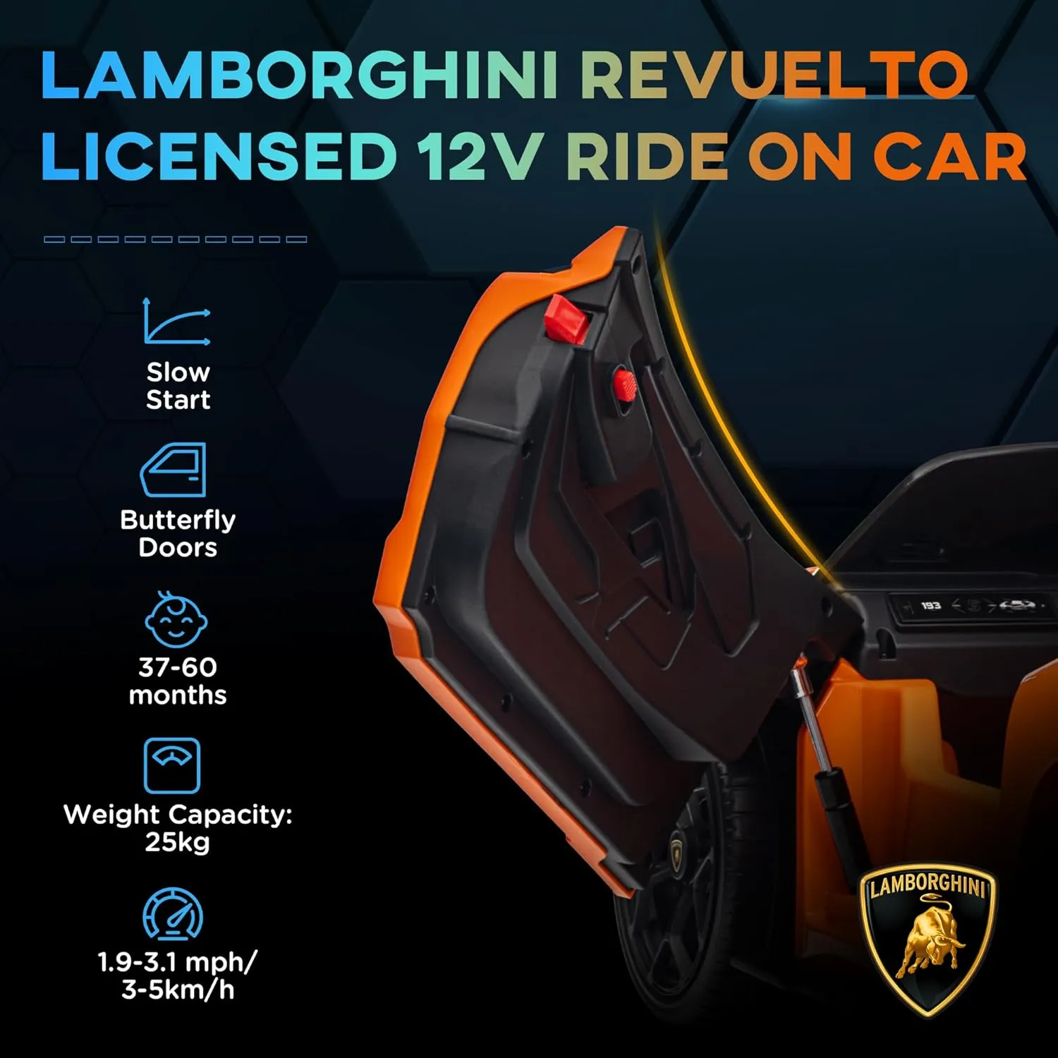Qaba Lamborghini Revuelto Licensed 12V Kids Electric Car, Battery Powered Ride on Car with Hydraulic Doors, Remote Control, Transport Wheels, Spring Suspension, Music, Lights, 3 Speeds, Orange