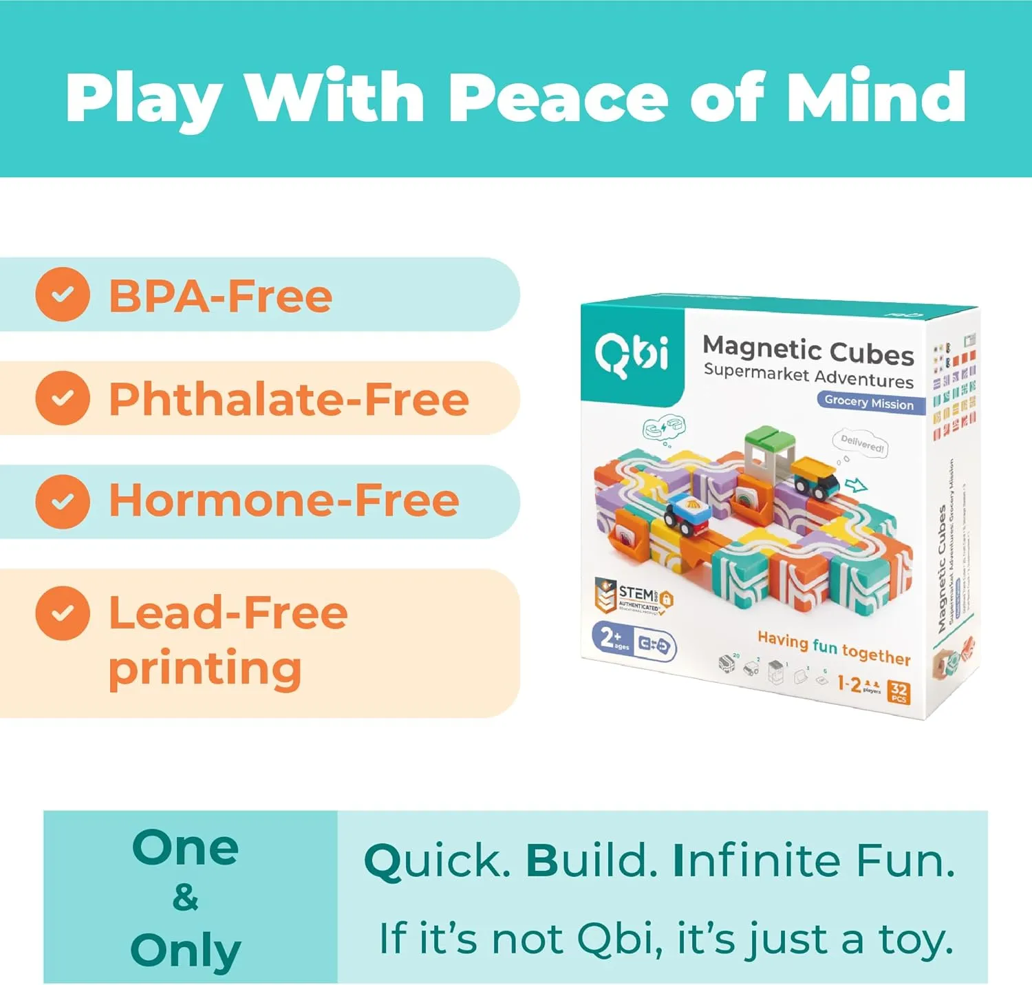 QBI Magnetic Blocks for Toddlers Ages 2-4｜STEM Magnetic Building Blocks with Trucks & Fruit Plates｜Montessori Magnet Building Cubes for Kids｜Educational Gifts for Boys & Girls Ages 2  (32PCS)