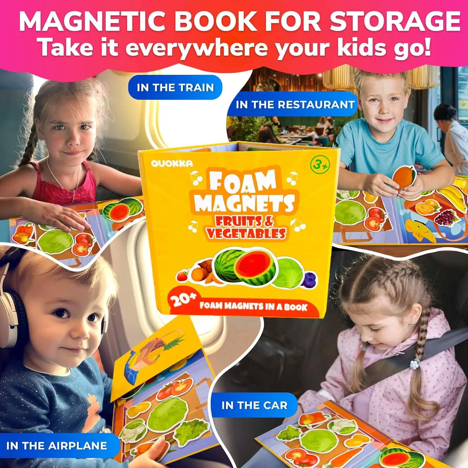 QUOKKA Travel Magnetic Puzzles for Toddlers 1-3 – 20 Pcs Fruits Game with Extra-Long Play Book – Fun Travel Game Toy for Kids Ages 3-5 – Strong Magnets for Car Activities – Fun Toddler Puzzle Ages 2-4