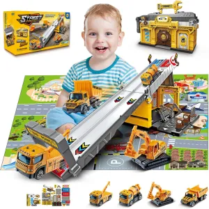 Race Tracks for Kids Ages 3-5, Racing Car Toys Set with Foldable 2 Layer Track and 6 Alloy Race Cars for Toddlers Boys, Best Birthday Xmas Gifts for Kids Age 3 4 5 6  Years Old (Yellow)