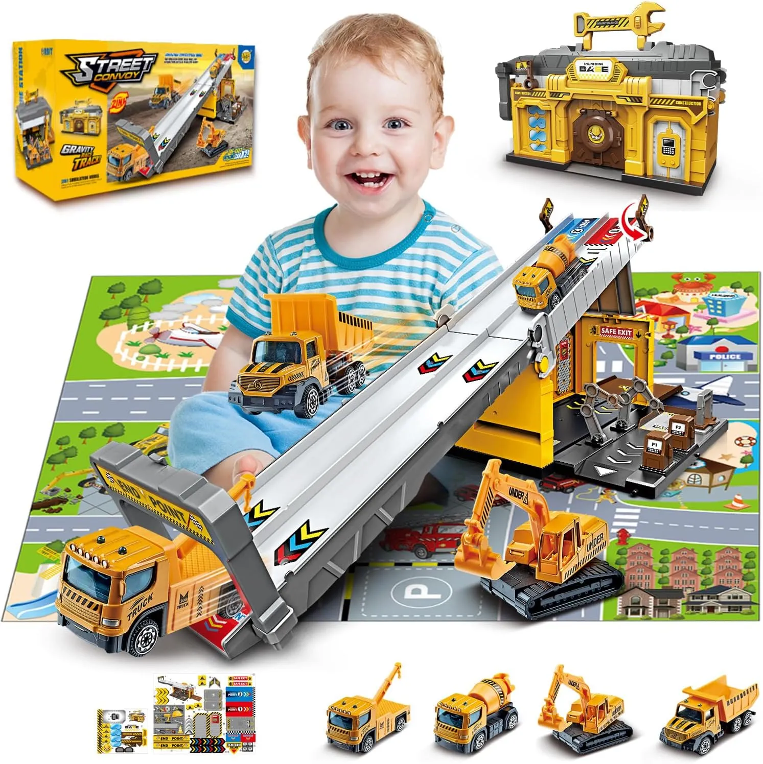 Race Tracks for Kids Ages 3-5, Racing Car Toys Set with Foldable 2 Layer Track and 6 Alloy Race Cars for Toddlers Boys, Best Birthday Xmas Gifts for Kids Age 3 4 5 6  Years Old (Yellow)