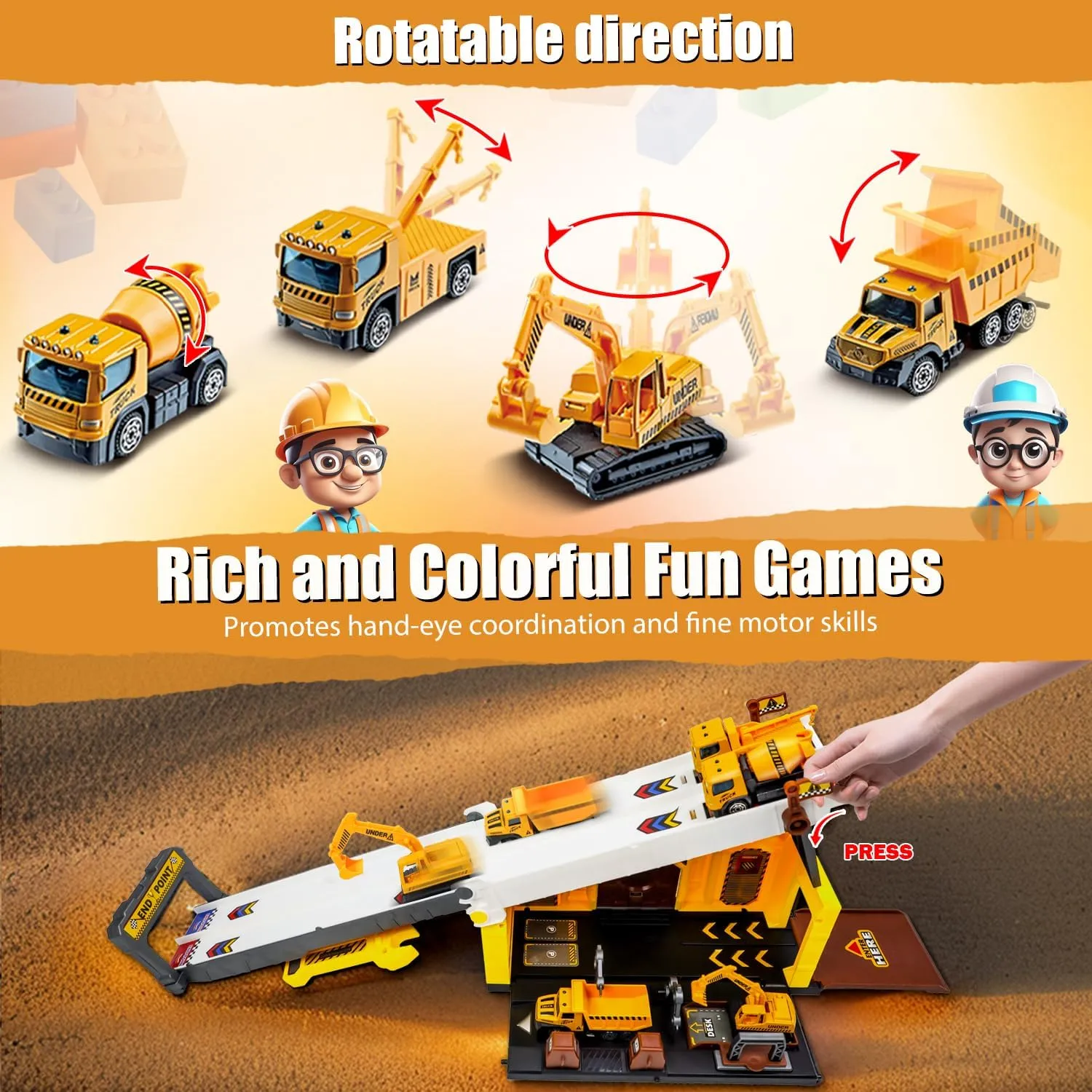 Race Tracks for Kids Ages 3-5, Racing Car Toys Set with Foldable 2 Layer Track and 6 Alloy Race Cars for Toddlers Boys, Best Birthday Xmas Gifts for Kids Age 3 4 5 6  Years Old (Yellow)