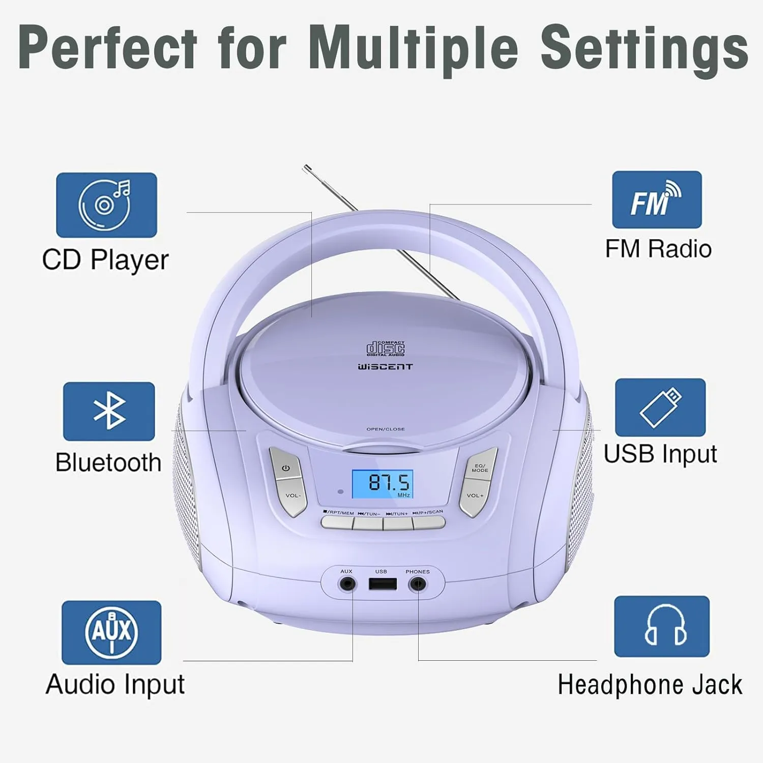 Radio CD Player with Bluetooth,FM Radio,USB MP3 Playback,AUX-in,Headphone Jack,MP3 CDs Compatible,Portable CD Players for Home or Outdoor