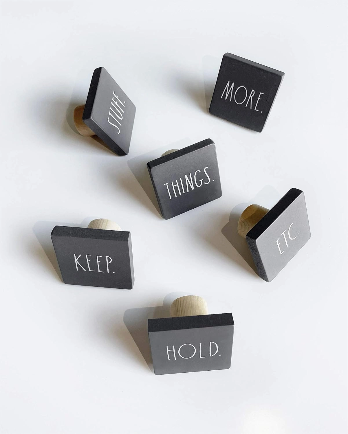 Rae Dunn Cabinet Knobs Drawer Pulls - Set of 6 Grey Square Wood - Decorative Mini Wooden Knobs for Kitchen Cabinet, Dresser Drawer, Bathroom Cabinet, Cupboard, Desk Drawer - Includes Hardware