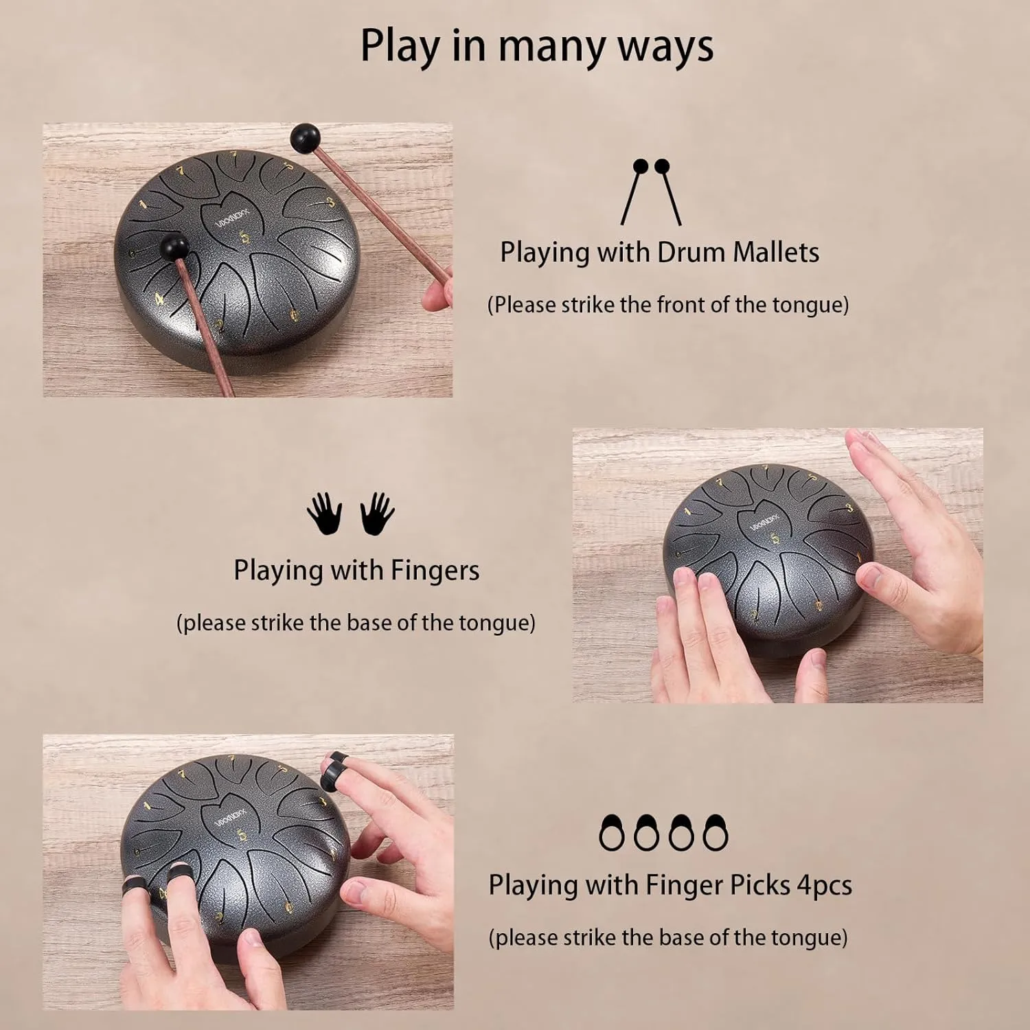 Rain Drum for Outside Garden, 6 Inches 11 Notes Steel Tongue Drum Handpan Percussion Instrument for Yoga Meditation & Sound Therapy, Adult Gift with Bag, Mallets & Songbook (Silver Grey)