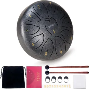 Rain Drum for Outside Garden, 6 Inches 11 Notes Steel Tongue Drum Handpan Percussion Instrument for Yoga Meditation & Sound Therapy, Adult Gift with Bag, Mallets & Songbook (Silver Grey)