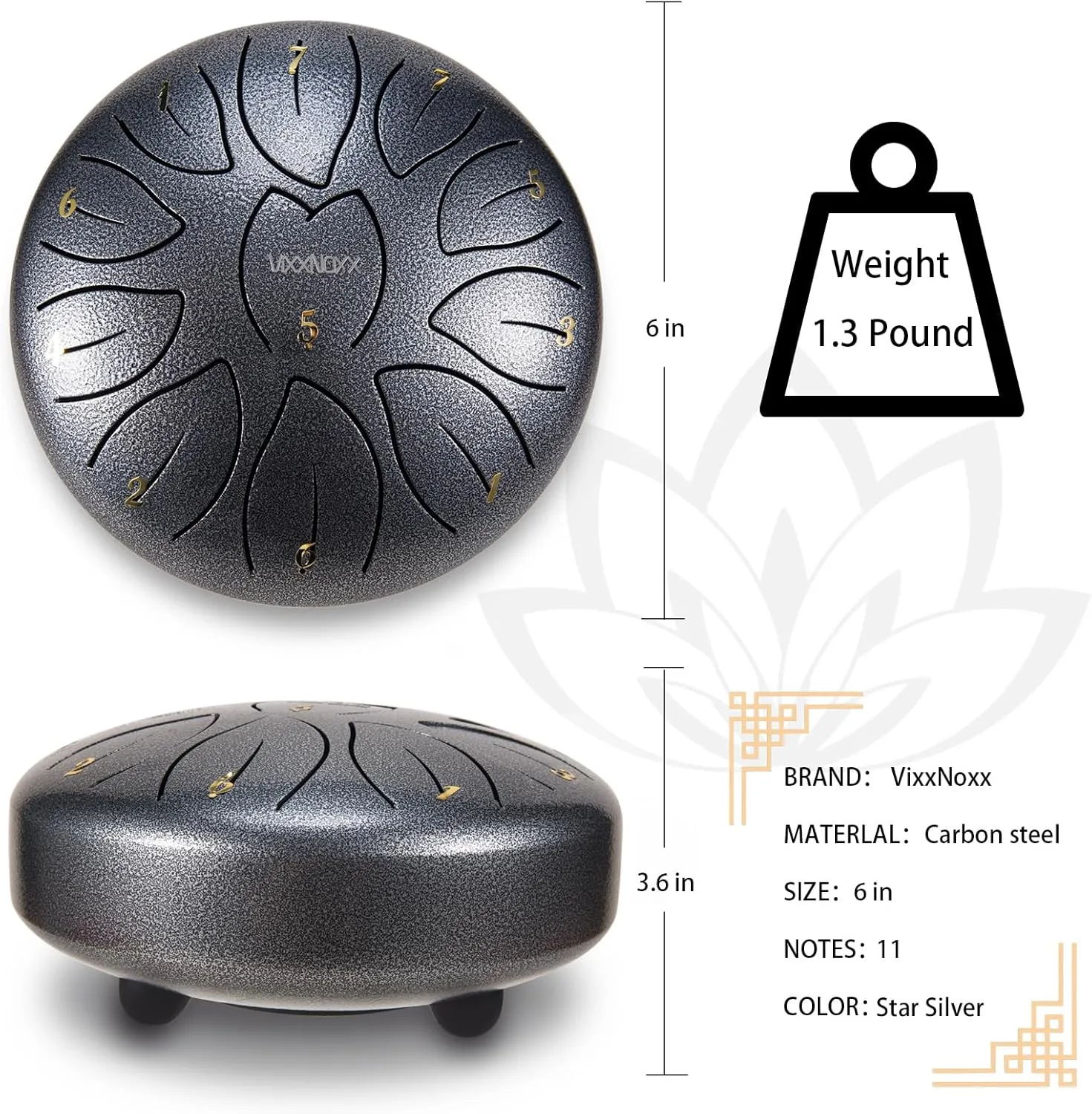 Rain Drum for Outside Garden, 6 Inches 11 Notes Steel Tongue Drum Handpan Percussion Instrument for Yoga Meditation & Sound Therapy, Adult Gift with Bag, Mallets & Songbook (Silver Grey)