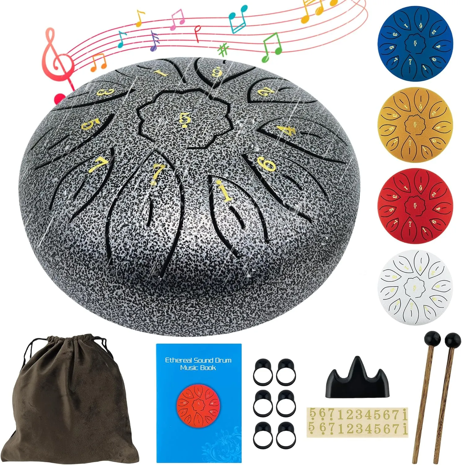 Rain Drum Musical Instruments 6 Inches 11 Notes Steel Tongue Drum for Adults Kids, Rain Chime Sound Bath Instruments with Drumsticks, Music Book and Travel Bag Yoga Chakra Gifts, Silver