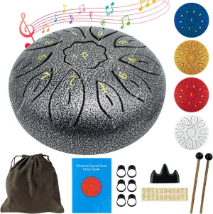 Rain Drum Musical Instruments 6 Inches 11 Notes Steel Tongue Drum for Adults Kids, Rain Chime Sound Bath Instruments with Drumsticks, Music Book and Travel Bag Yoga Chakra Gifts, Silver